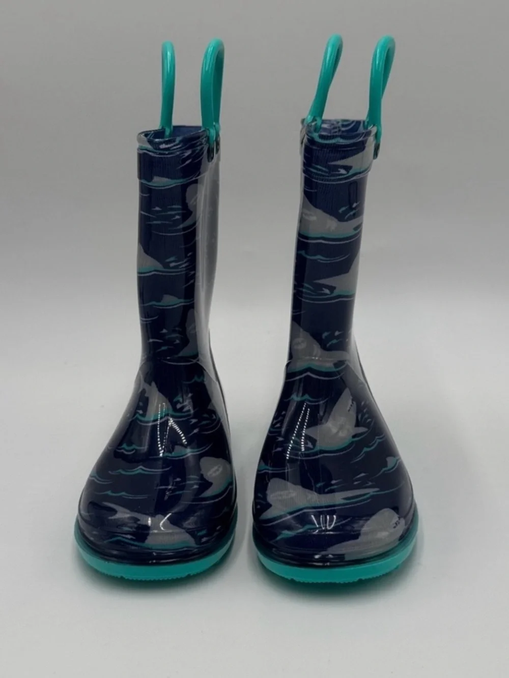 Kids Navy Shark Rain Boots with Teal Handles Size 10